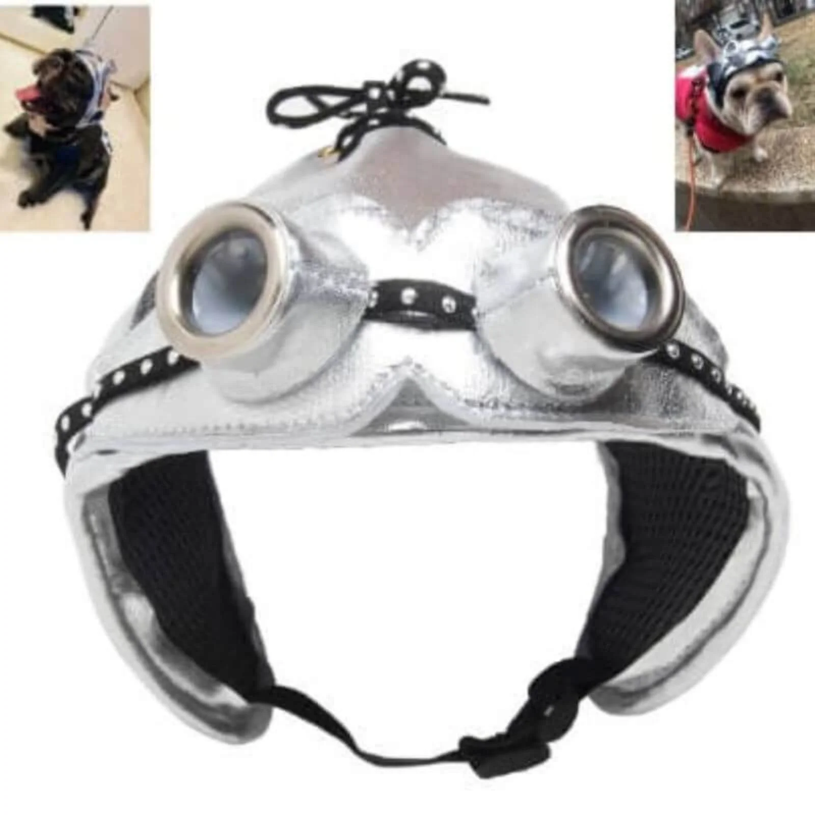 silver pu leather bomber hat for dog