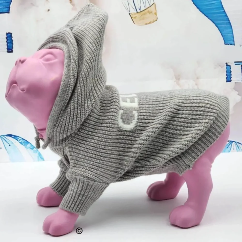 Chic Canine Couture: Celine Grey Knitted Jacket with Hood1