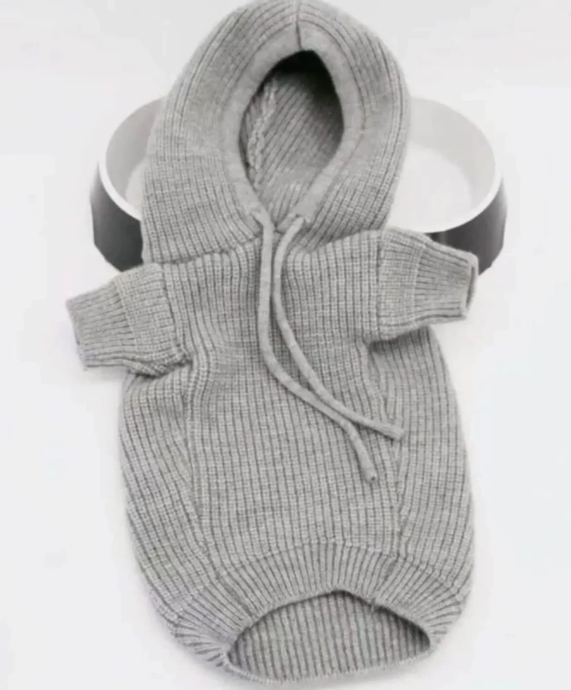 Chic Canine Couture: Celine Grey Knitted Jacket with Hood3